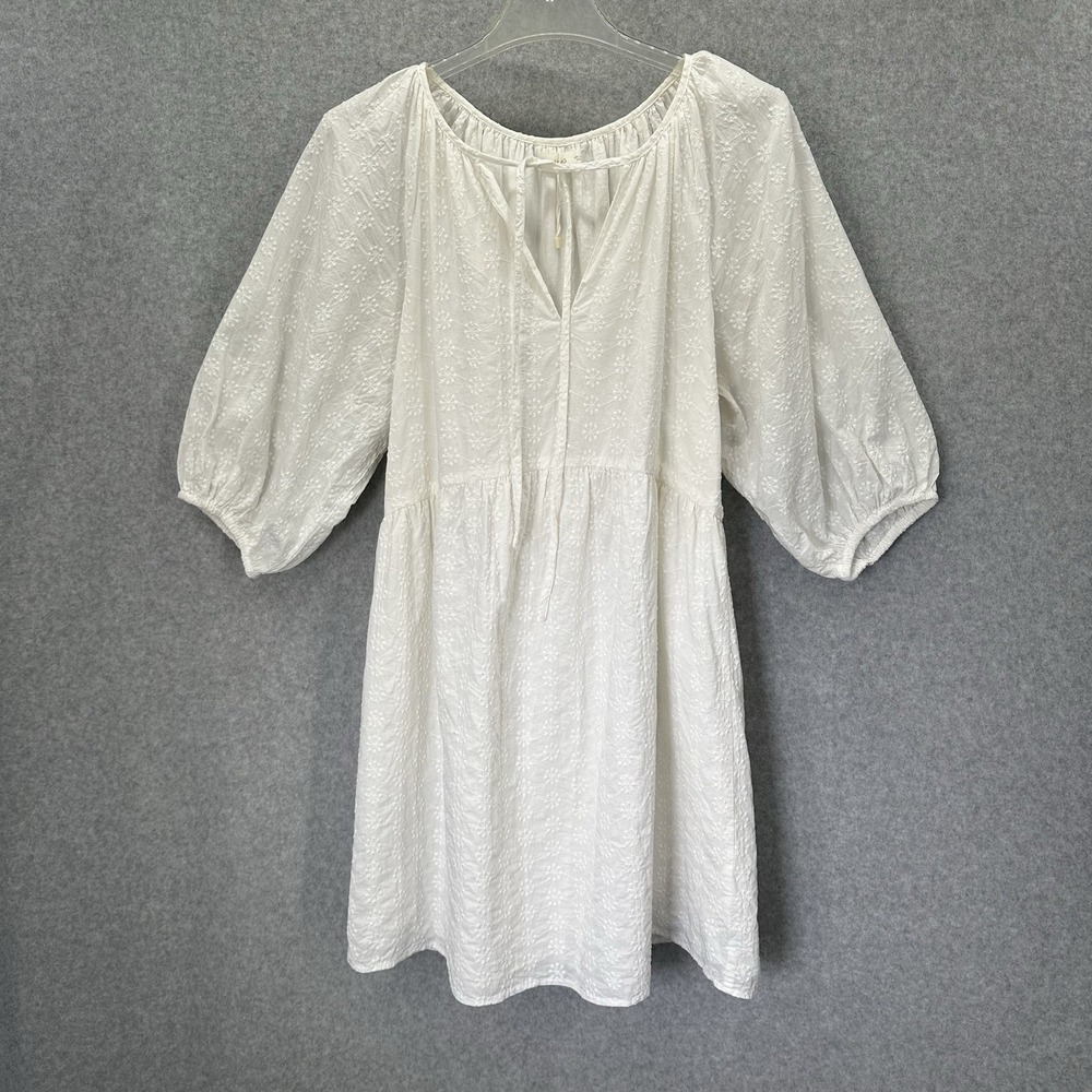 Mango MNG Puff Sleeve Tonal Embroidered Cotton Minidress Size‎ 8